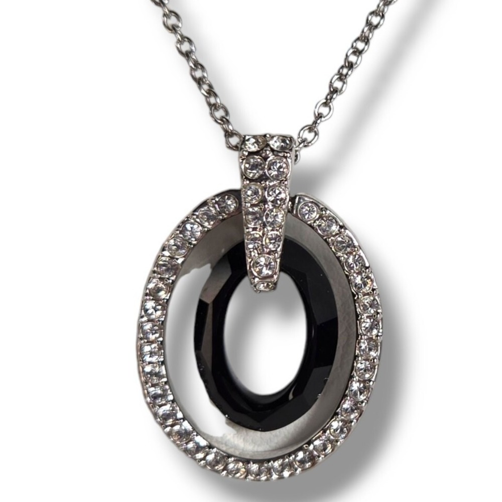 Swarovski Logan Jet Black Crystal Faceted Oval Pendant Necklace 18"‎ reversable